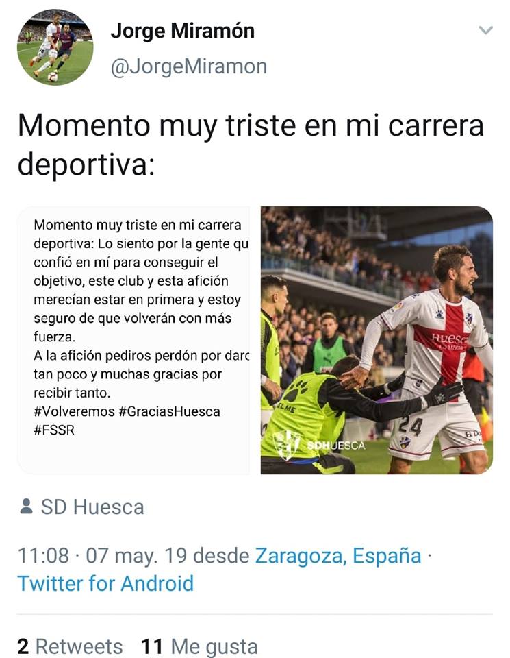 Jorge Miramón deja la SD Huesca 